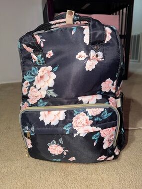 Amazon Black Floral Diaper Bag • Backpack with Pink Rose Print